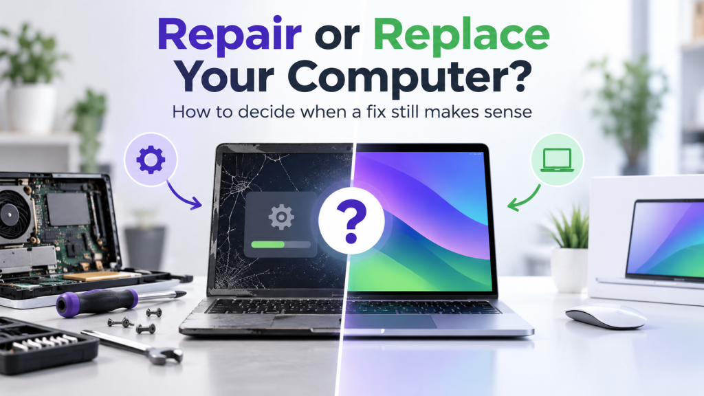 Repair or replace your computer illustration showing an old damaged laptop versus a new laptop